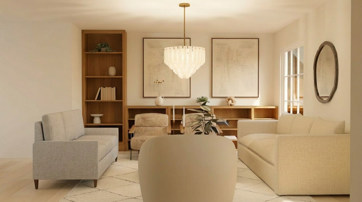 A warm, carefully composed living room designed by The Córdova Studio